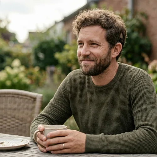 Ein Mann mit lockigem Haar sitzt an einem Gartentisch, hält eine Tasse in beiden Händen und blickt lächelnd zur Seite, hinter dem Ohr ist der Sprachprozessor eines Cochlea-Implantats zu erkennen.