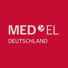 Firmenzeichen des Cochlea-Implantat-Herstellers MED-EL Deutschland, weißer Schriftzug auf rotem Grund.